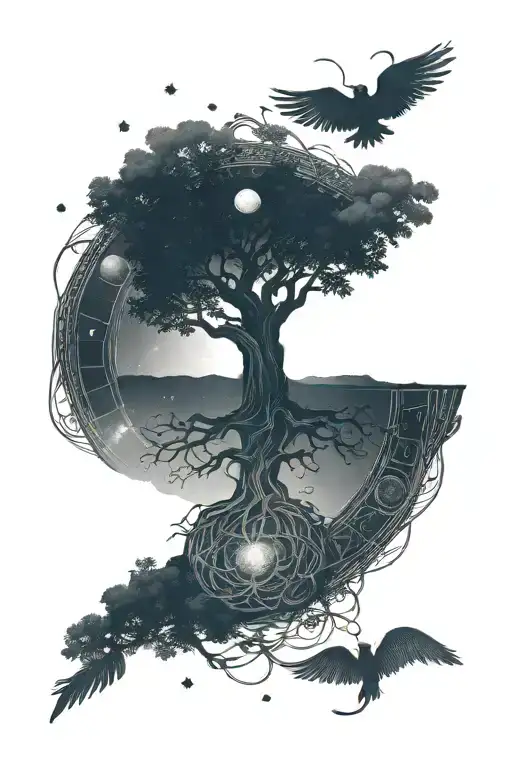 Celtic tree of life with solar system at the top half tattoo design idea