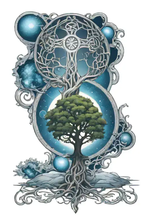 Celtic tree of life with solar system at the top half and celtic cross at the bottom tattoo design idea