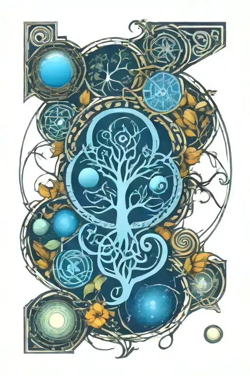 Celtic tree of life, celtic knot, solar system planets and celtic cross tattoo design idea