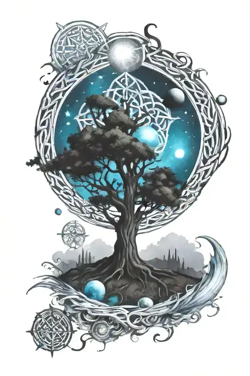 Celtic tree of life surrounded by planets on tops of the tree and celtic runes at the bottom reading wisdom tattoo design idea