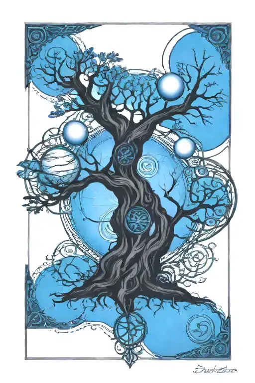 Celtic tree of life with planets on tops of the tree and celtic runes at the bottom reading "wisdom" tattoo design idea