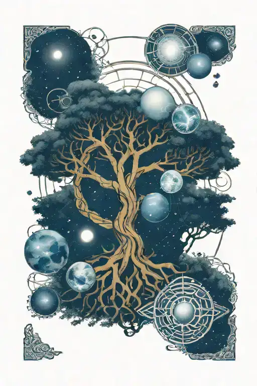 Celtic tree of life, celtic knot, solar system planets and celtic cross tattoo design idea
