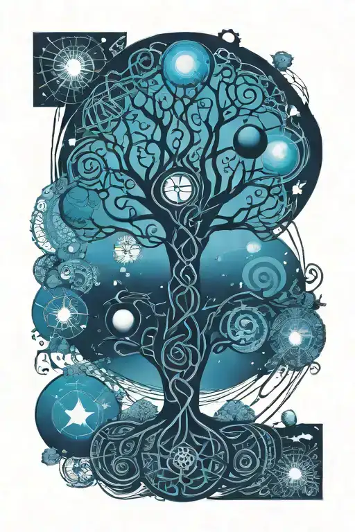 Celtic tree of life, celtic knot, solar system planets and celtic cross tattoo design idea