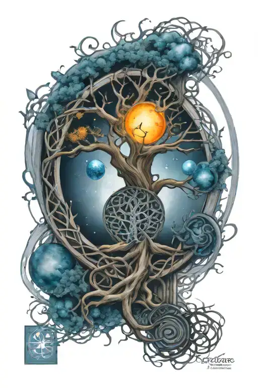 Celtic tree of life, celtic knot, solar system planets and celtic cross tattoo design idea