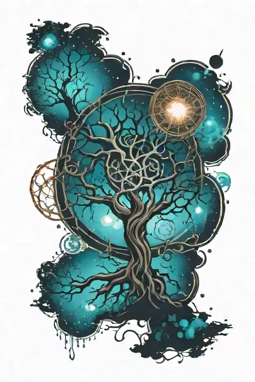 Celtic tree of life, celtic knot, solar system planets and celtic cross tattoo design idea