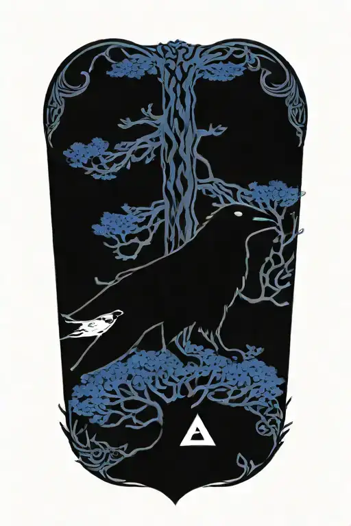 Valknut, yggdrasil tree, ornamented nordic runes. Two Odin's  ravens tattoo design idea