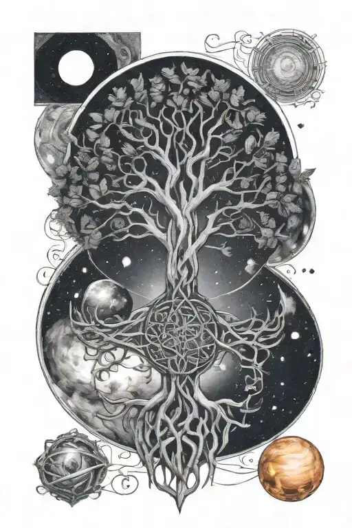 Celtic tree of life, celtic knot, solar system planets tattoo design idea