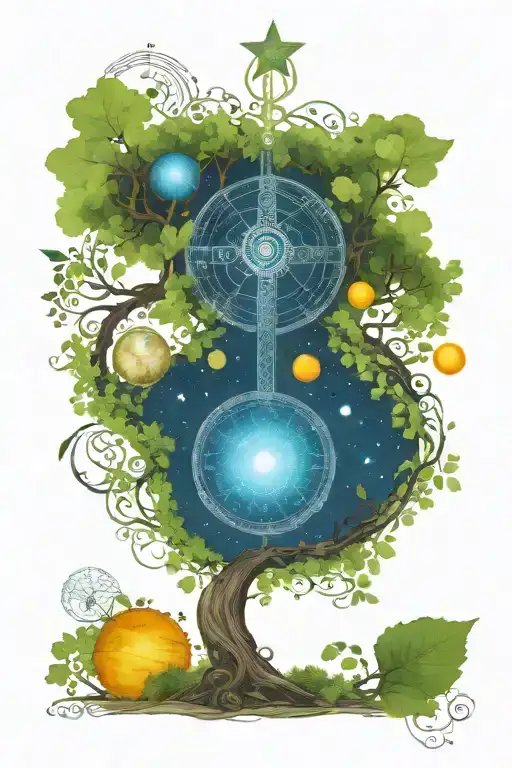 Celtic tree of life with solar system at the top half and celtic cross at the bottom half tattoo design idea