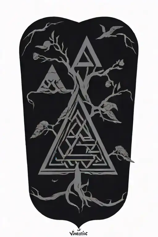 Valknut, yggdrasil tree, ornamented nordic runes. Two Odin's  ravens tattoo design idea