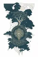Celtic tree of life with solar system at the top half and celtic cross at the bottom tattoo design idea