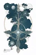 Celtic tree of life with solar system at the top half and celtic cross at the bottom tattoo design idea