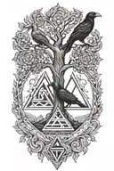 Valknut, yggdrasil tree, ornamented nordic runes. Two Odin's  ravens tattoo design idea