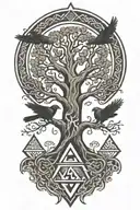 Valknut, yggdrasil tree, ornamented nordic runes. Two Odin's  ravens tattoo design idea