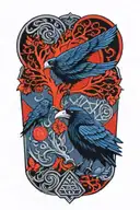 Valknut, yggdrasil tree, ornamented nordic runes. Two Odin's  ravens tattoo design idea