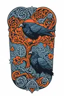 Valknut, yggdrasil tree, ornamented nordic runes. Two Odin's  ravens tattoo design idea