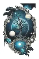 Celtic tree of life surrounded by planets coming tattoo design idea