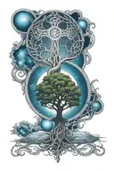 Celtic tree of life with solar system at the top half and celtic cross at the bottom tattoo design idea