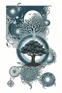 Celtic tree of life with solar system at the top half and celtic cross at the bottom tattoo design idea