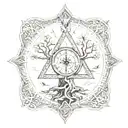 valknut symbol incorporated in yggdrasil tree, odin's crows on the top of the tree. Viking compass on top of the tree tattoo design idea