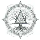 valknut symbol incorporated in yggdrasil tree, odin's crows on the top of the tree. Viking compass on top of the tree tattoo design idea