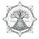 valknut symbol incorporated in yggdrasil tree, odin's crows on the top of the tree. Viking compass on top of the tree tattoo design idea