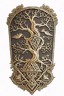 Valknut, yggdrasil tree, ornamented nordic runes. Two Odin's  ravens tattoo design idea