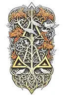 Valknut, yggdrasil tree, ornamented nordic runes. Two Odin's  ravens tattoo design idea