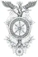 tree of life with Nordic compass surrounded by Nordic runes reading "not all those who wonder are lost" with valknut tattoo design idea