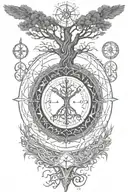 tree of life with Nordic compass surrounded by Nordic runes reading "not all those who wonder are lost" with valknut tattoo design idea