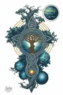 Celtic tree of life, celtic knot, solar system planets and celtic cross tattoo design idea