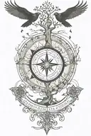 tree of life with Nordic compass surrounded by Nordic runes reading "not all those who wonder are lost" with crows  tattoo design idea