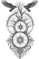 tree of life with Nordic compass surrounded by Nordic runes reading "not all those who wonder are lost" with crows  tattoo design idea