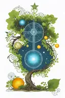 Celtic tree of life with solar system at the top half and celtic cross at the bottom half tattoo design idea