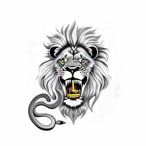 A lion biting snake tattoo design idea