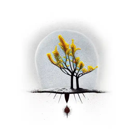 Create a sleeve tattoo with the images of a mustard seed, a mustard tree, a man hiding a treasure in a field, a full fis tattoo design idea