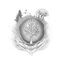 Create a sleeve tattoo with the images of a mustard seed, a mustard tree, a man hiding a treasure in a field, a full fis tattoo design idea