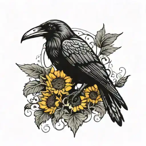 raven holding a sunflower in its beak, stood on top of an anvil tattoo design idea