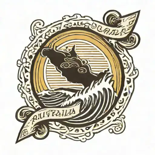 post stamp with australia and an australian phrase underneath and the sun, waves and a surfboard tattoo design idea