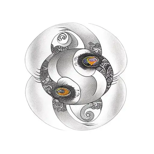 A paintbrush and a cat tail forming a yin-yang symbol, with lotus flowers on each side tattoo design idea