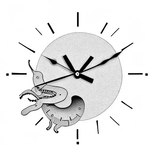 analog clock showing 8:29 on top of a sleeping snake tattoo design idea