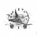 tatuaje de brujula y reloj de arena con un atardecer y la frase time to travel tattoo design idea