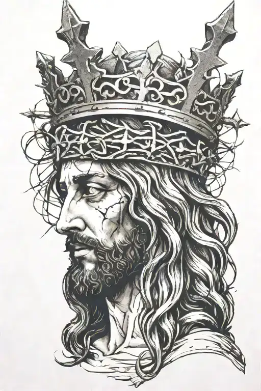 Jesus with thorn crown , holding a rosary beads, three crosses underneath tattoo design idea