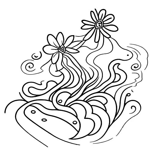 A tranquil riverside scene with a cascading waterfall and blooming wildflowers tattoo design idea