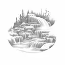 A tranquil riverside scene with a cascading waterfall and blooming wildflowers tattoo design idea