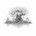 A tranquil riverside scene with a cascading waterfall and blooming wildflowers tattoo design idea