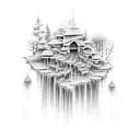 A tranquil riverside scene with a cascading waterfall and blooming wildflowers tattoo design idea