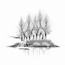 A tranquil riverside scene with a cascading waterfall and blooming wildflowers tattoo design idea