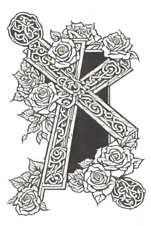 wood cross with roses around it with the background being clouds and shading and the cross has a ribbon around it tattoo design idea