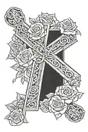 wood cross with roses around it with the background being clouds and shading and the cross has a ribbon around it tattoo design idea
