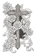 wood cross with roses around it with the background being clouds and shading and the cross has a ribbon around it tattoo design idea